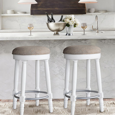Set Of Two Bar Stools With 360° Swivel Function, Fabric Upholstered Seat, Iron Footrest, And Carved Rubberwood Legs For Kitchen, Dining, And Living Room