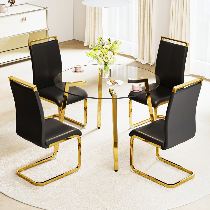 42"x42"x29.5" Modern Minimalist Table With Transparent Tempered Glass, Golden Metal Legs, For Home Decoration, Kitchen, Dining Room & Living Room, Easy Setup 42*42*29.5" Glass Table, Top Dining,