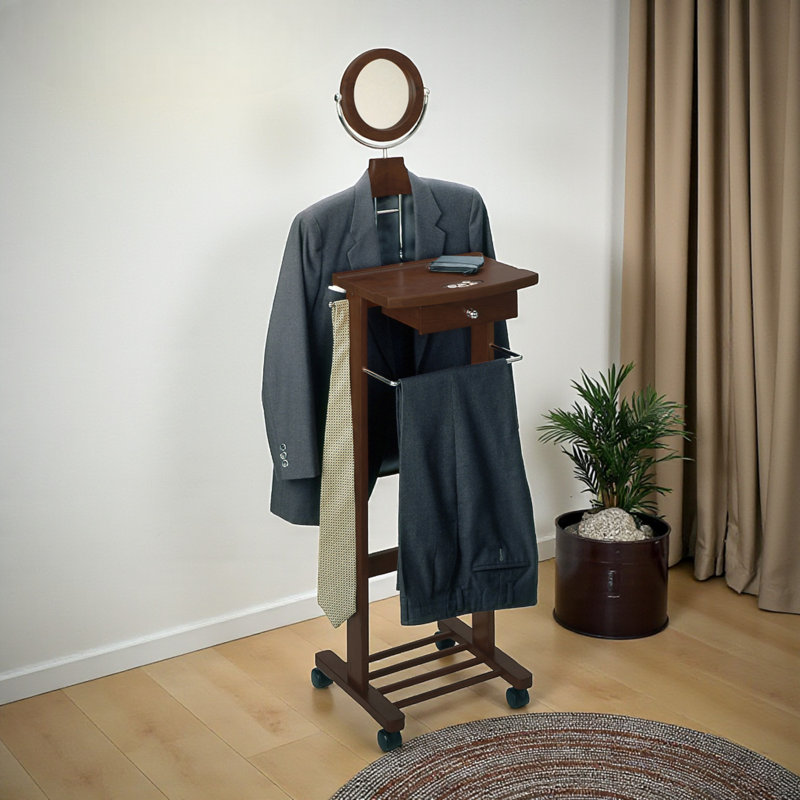 Owen 1-Drawer Valet Stand in Walnut Finish with 4-Casters, 57.24" H X 14.71" W X 13.86" D