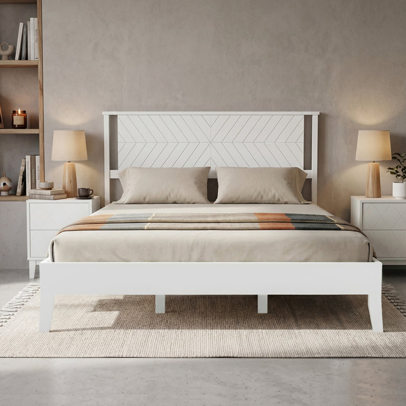King Size Deluxe Bed Frame With Headboard With Solid Wood, No Box Spring Needed,  Easy Assembly, White, White, King