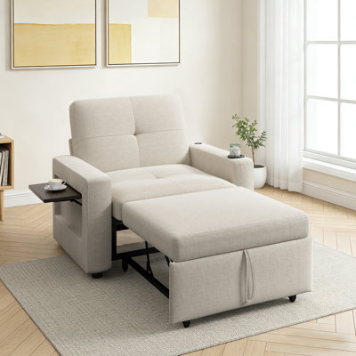 Sleeper Sofa Chair Bed,3-In-1 Convertible Modern Linen Fabric Futon Sofa Bed Pull Out Couch Bed With Usb And Type C Charging Ports,Cup Holder And Fold by Ebern Designs