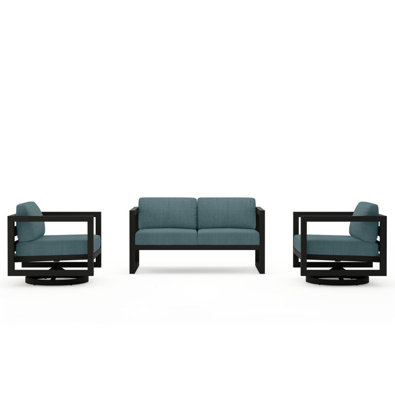 Avion 3 Piece Loveseat Set With Swivel, Slate, Cast Lagoon Sunbrella® Plainweave