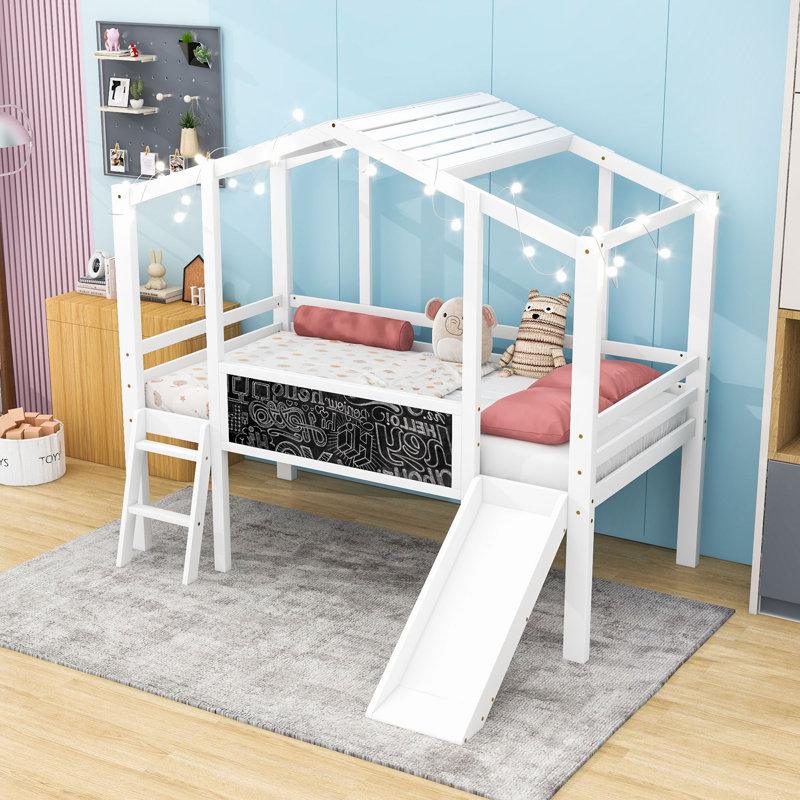 Lit mezzanine simple en bois avec glissoire, tableau noir et bande lumineuse, Blanc