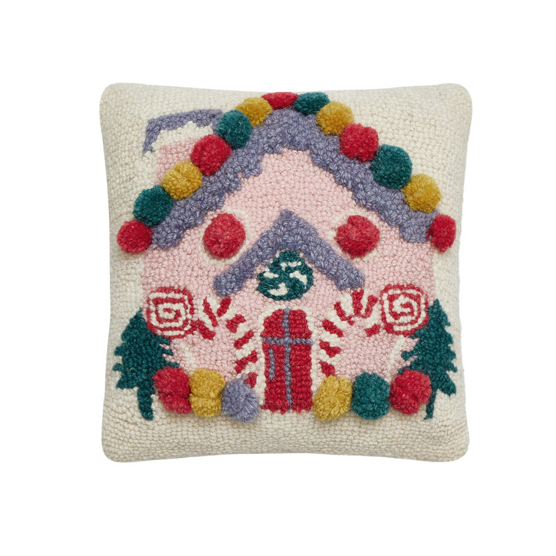 Pink House Petite Size Holiday Pillow with Pom Poms