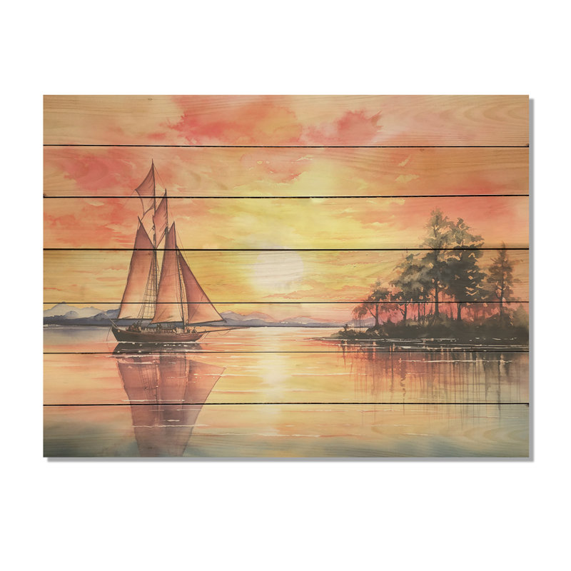 Voilier pastel couleurs coucher de soleil VI - Bateau à voile sur bois, H 10 po x l 20 po