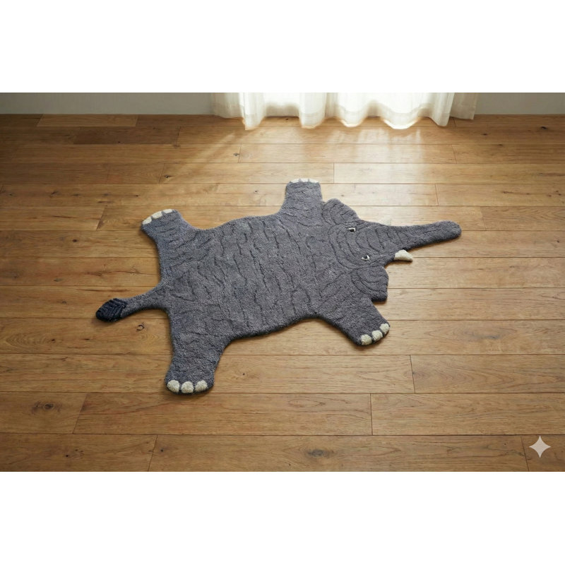Tapis en velours brodé éléphant Asana, Bleu