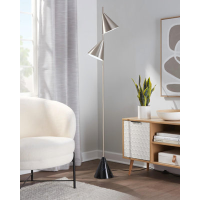 Lampe sur pied contemporaine en métal 65 po avec finition nickel plaqué et base en faux marbre noir LumiSource Cone - Éclairage de salon moderne avec ampoules DEL incluses