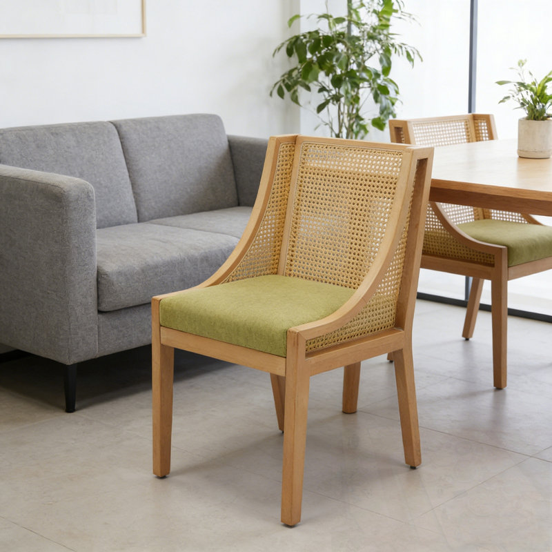 Cadre en bois Churchwell avec dossier en rotin et pieds robustes, Vert olive
