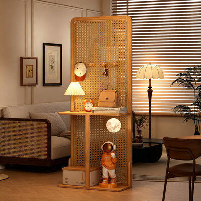 Natural Wood Tone Mid-Century Rattan Room Divider with Double Storage Shelves