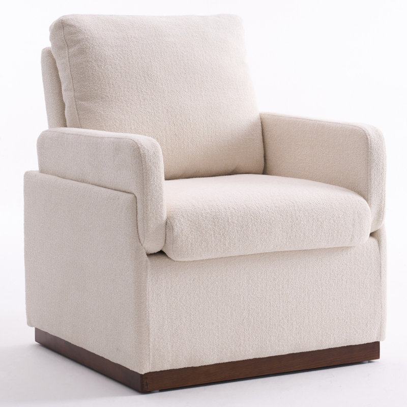 Boucle  Upholstered Accent Chair Wing Back Armchair With Solid Wood Base, Beige