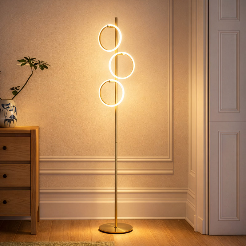 Saturn 66 in. Modern LED Floor Lamp with 3 Ring Lights, Gold Finish, and Built-In 3-Way Touch Dimming, Gold
