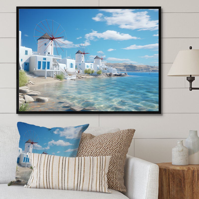 «Grèce Serenity In Mykonos - Grèce», reproduction sur toile encadrée, H 12 po x l 20 po x P 1 po, Cadre flottant noir