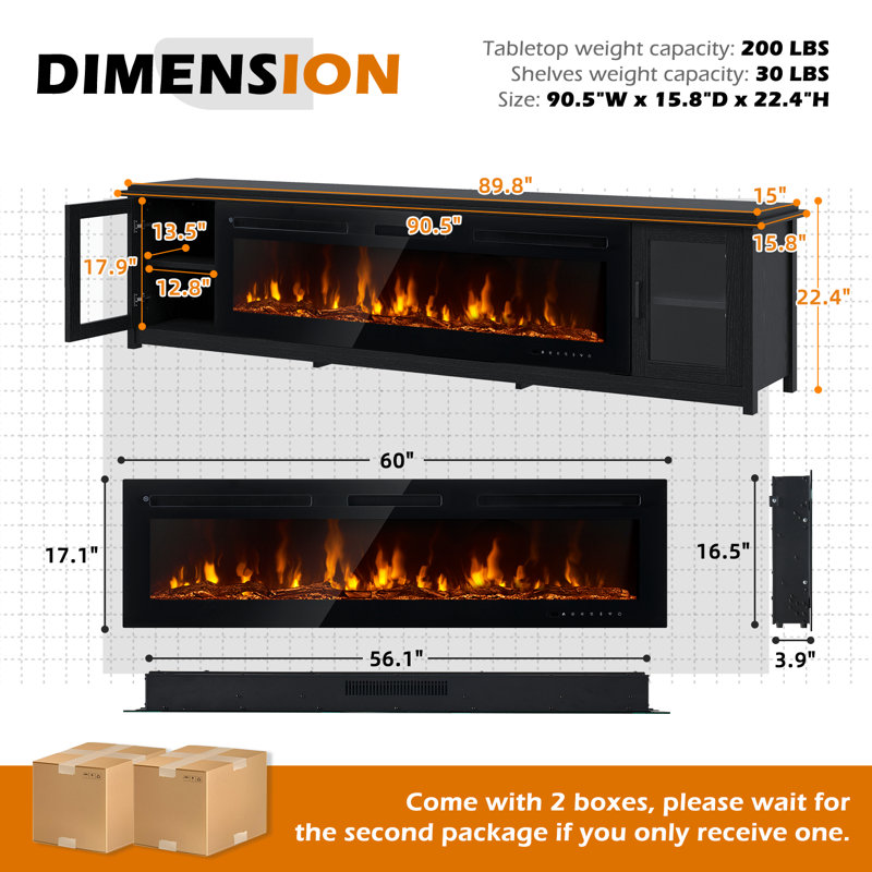 90"TV Stand With Smart Electric Fireplace, Entertainment Center Fits Up to 100" TVs, Wi-Fi Controlled Console with Adjustable Shelves & Glass Doors