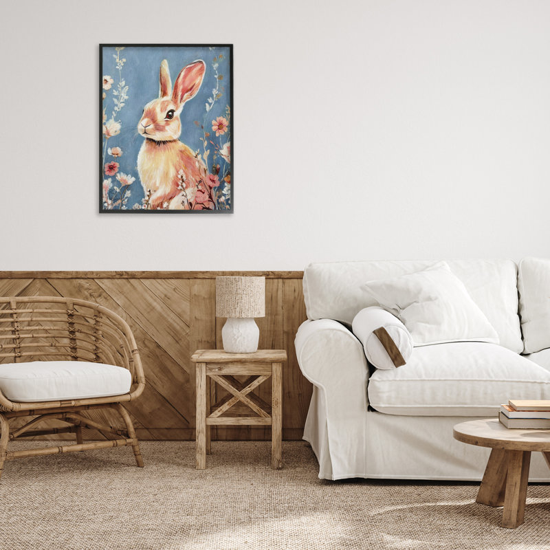 Lapin fantaisiste sur estampe numérique bleue, design par Sara Culpepper, H 20 po x l 16 po, Giclée encadrée noir minuit