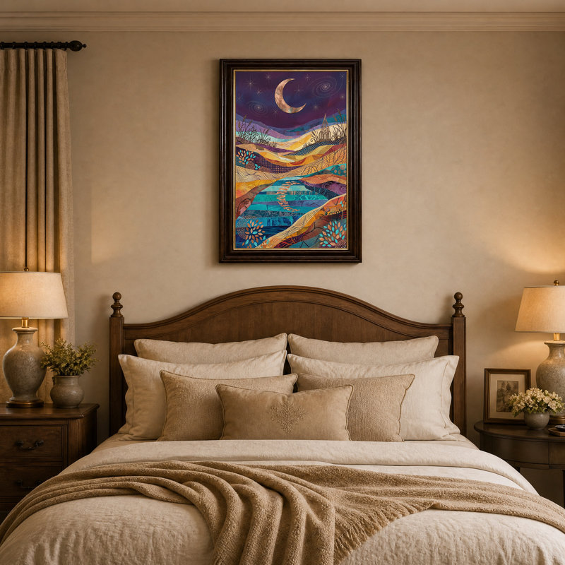 Toile étoilée, paysage avec croissant de lune et montagnes à motifs, H 24 po x l 16 po