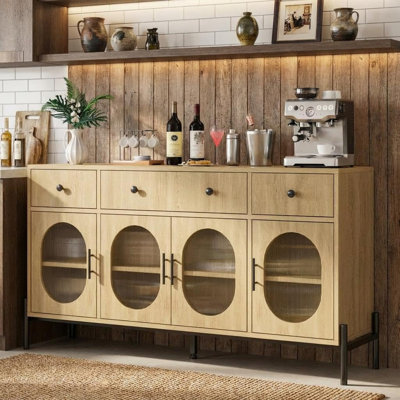 Buffet 62 "- 3 tiroirs, 4 portes en verre cannelé, noir estampé