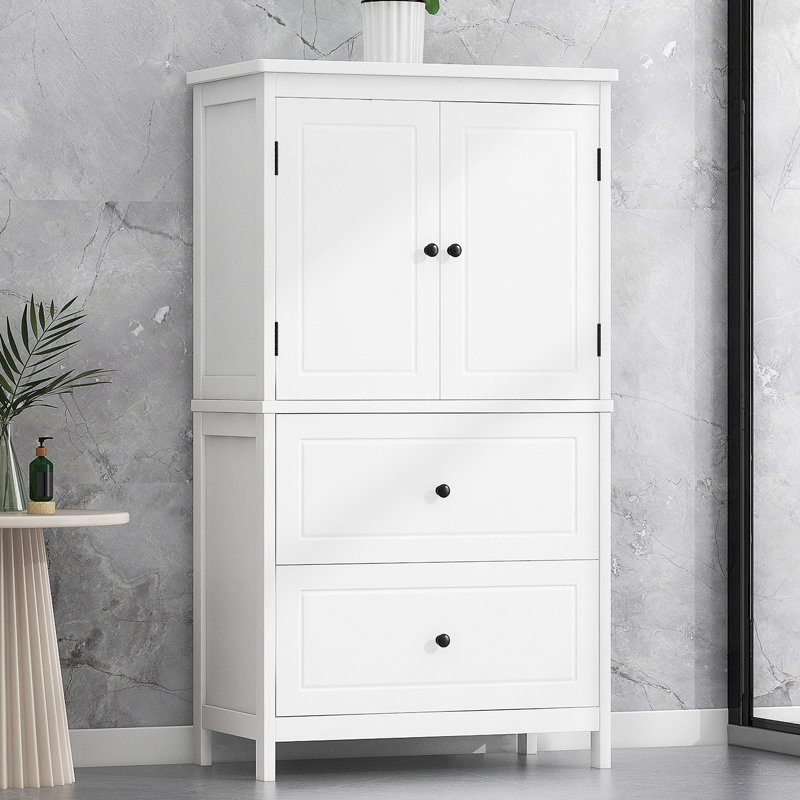 Armoire de rangement pour salle de bain, armoire avec deux portes et tiroirs, tablette réglable, panneau de fibres à densité moyenne