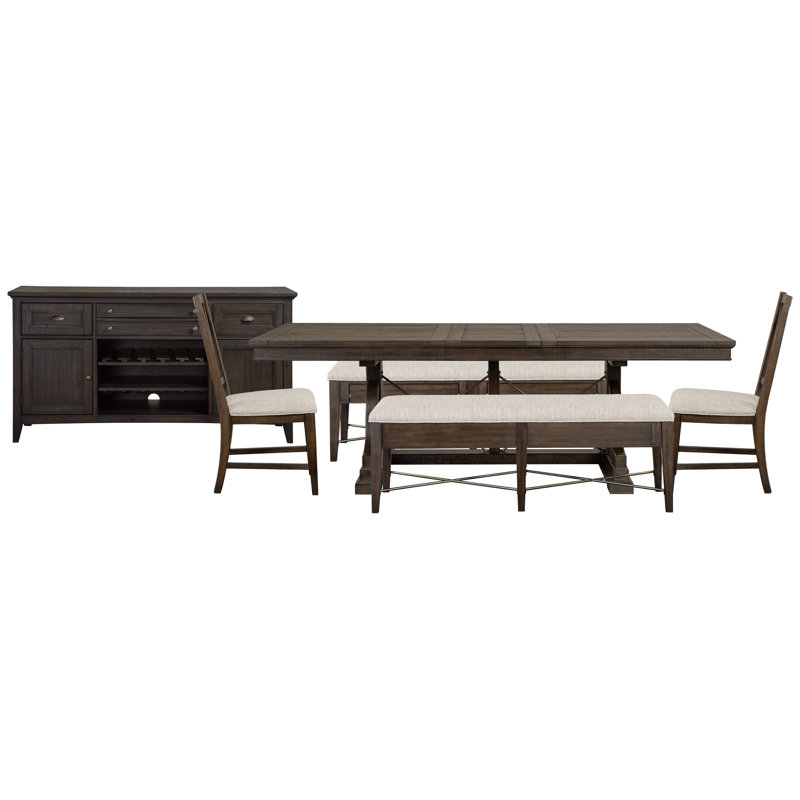 Extendable Trestle Dining Table With 2 Upholstered Benches 2 Side Chairs And Buffet