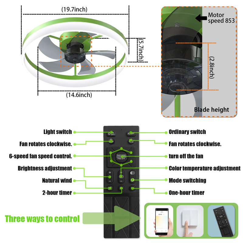 Ventilateurs de plafond avec lumières à DEL à intensité variable Installation intégrée de minces ventilateurs de plafond modernes (vert)