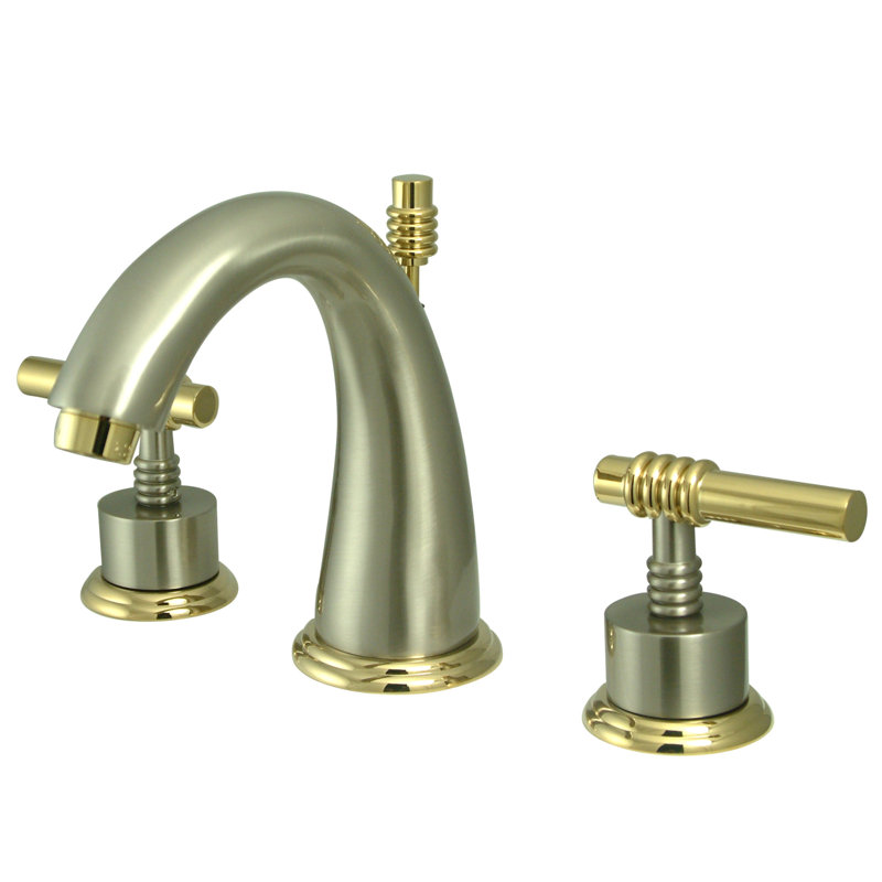 Kingston Brass Milano Two-Handle 3-Hole Deck Mount Widespread Bathroom Faucet with Brass Pop-Up Drain