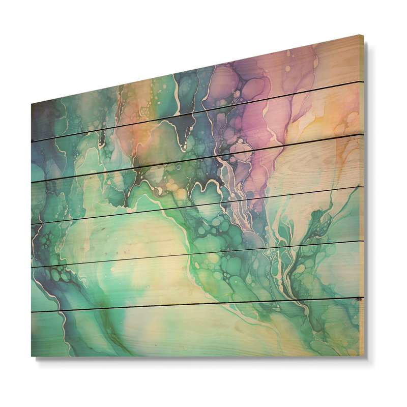 Encre liquide sarcelle mauve Borealis - aurore boréale sur bois de pin naturel, H 30 po x l 40 po