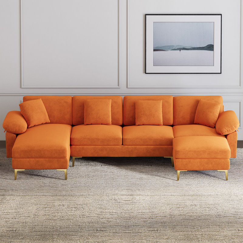 114" U Shaped Chenille Sectional Sofa with Chaise Ottoman and Gold Legs, Orange Velvet