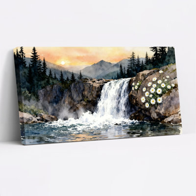 Cascade paysage avec montagnes et fleurs, reproduction d'art sur toile tendue sur toile, ensemble de 1