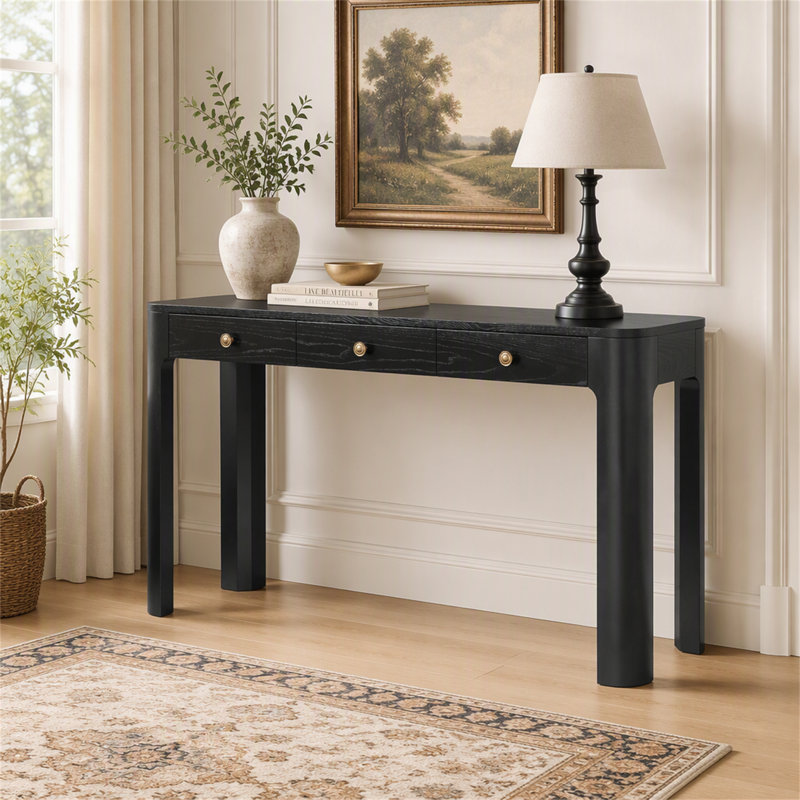 Console rustique avec coins arrondis pour la sécurité, table d'entrée avec 3 tiroirs dissimulés, table de canapé robuste avec des pieds épais pour le couloir et le salon