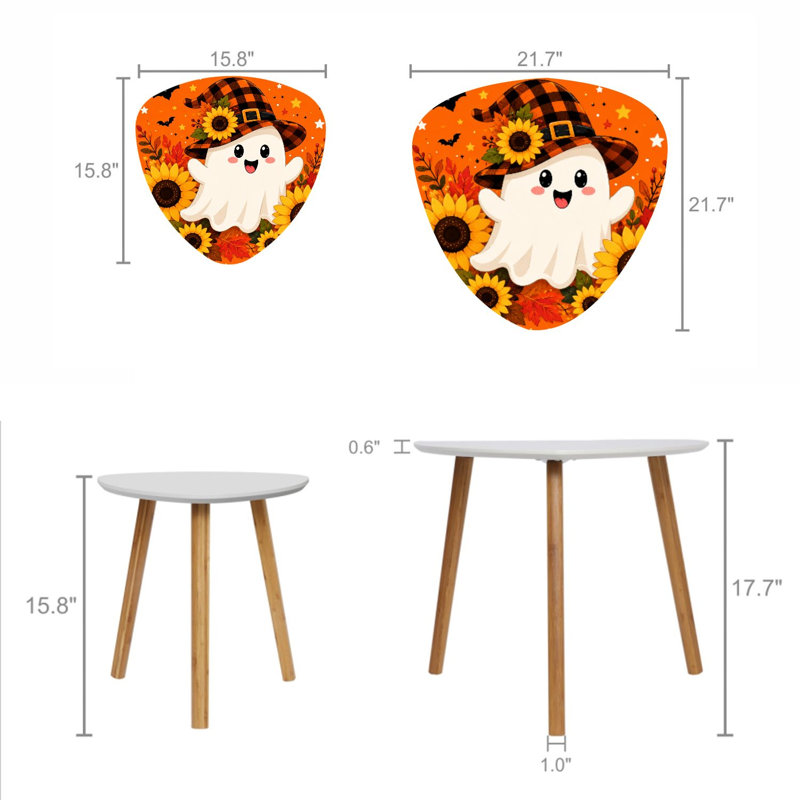 Ensemble de 2 tables basses gigognes triangulaires modernes, ornées de tournesols fantômes et de feuilles d'automne orange, style milieu du siècle. Tables d'appoint empilables, petites tables de chevet pour salon, chambre, appartement et décoration intérieure.