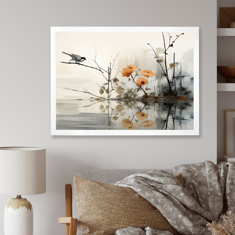 «Asian Art Sumi Bird Serenity XVIII», reproduction d'art sur toile, H 12 po x l 20 po x P 1 po, Cadre simple blanc