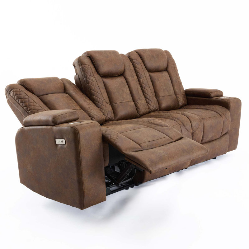 Bhopinder 3 Seater Linen Electric Reclining Sofa, Brown Fabric