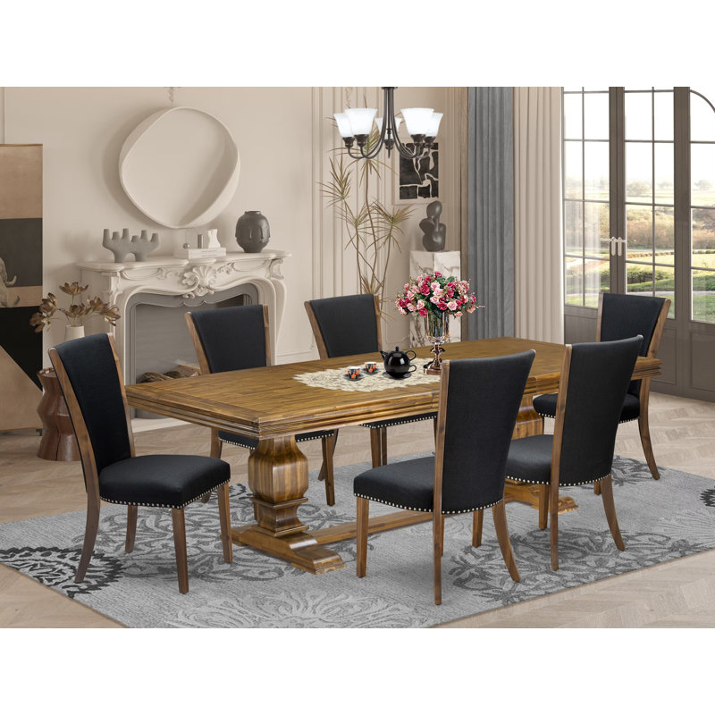 7-piece Mid-Century Dining Table Set consists of a Dining Table and 6 Black Linen Fabric Kitchen Chairs with Button tufted Back - Antique Walnut Finish