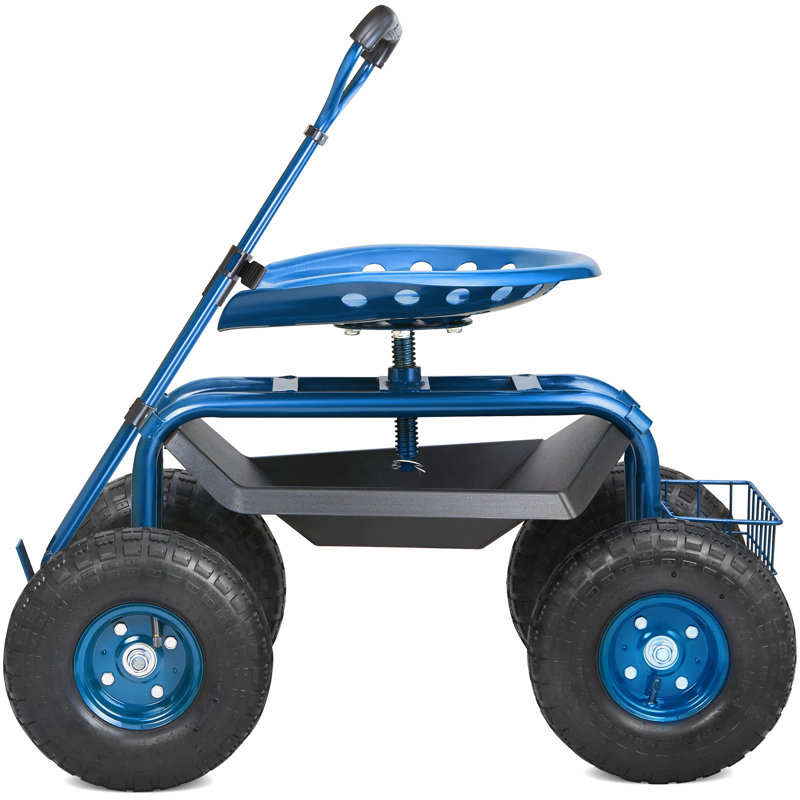 Blue Steel Rolling Garden Work Seat with Swivel and Storage