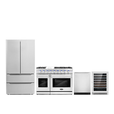 Cosmo 4 Piece Kitchen Appliance Package with French Door Refrigerator 48'' Gas Freestanding Gas Built-In
