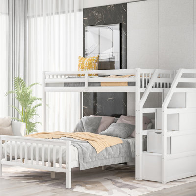 Twin Over Full Loft Bed With Staircase - Extra Storage, White Large Storage Compartment, Keep Your Bedroom Tidy