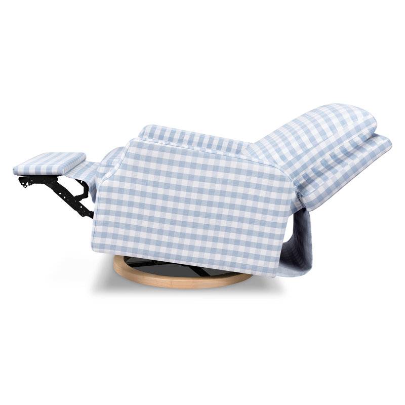 Crewe Electronic Recliner and Swivel Glider in Eco-Performance Fabric, Blue Gingham with Light Wood Base