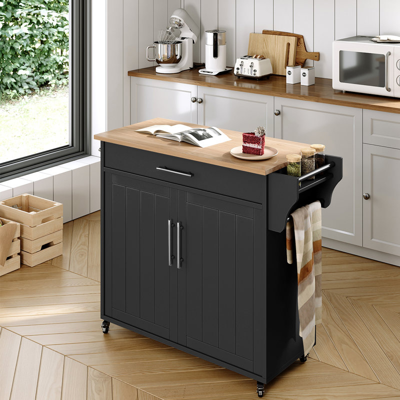 Premont Rolling Kitchen Island with Solid Wood Top, Black