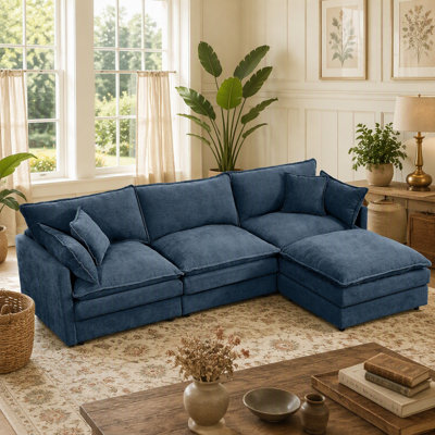 Canapé d'angle modulaire, canapé en L de 259 cm pour salon, canapé 3 places confortable avec pouf amovible, combinaison à faire soi-même, chenille, bleu