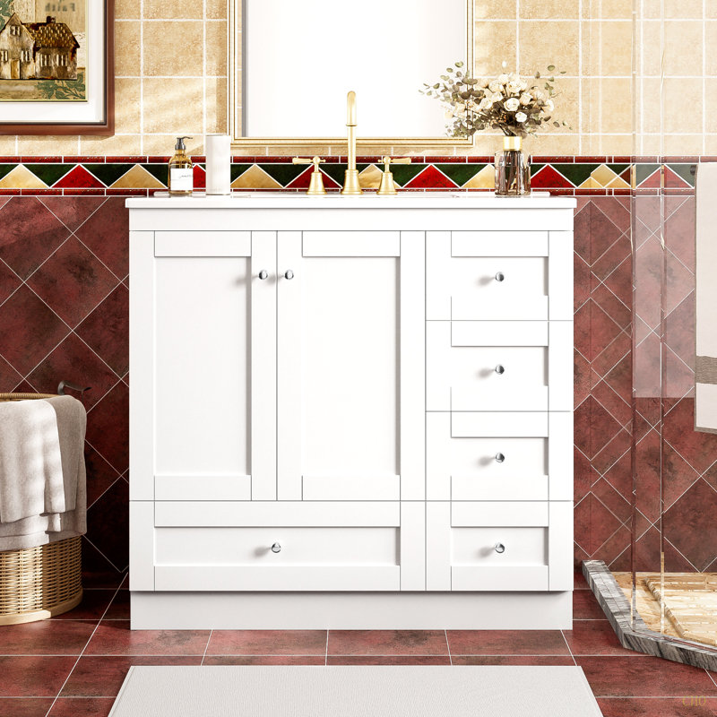 Armoire de salle de bain sur pieds 36 po avec lavabo en céramique, 4 tiroirs à fermeture en douceur et 2 portes à fermeture en douceur Shaker