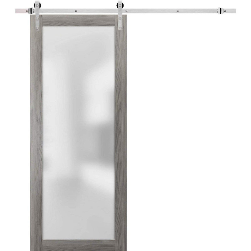 Porte de grange robuste en verre trempé givré | Planum 2102 | Ensemble de quincaillerie lourde pour cintres 6,6 pi argenté | Portes intérieures modernes à panneau massif - Rail argenté