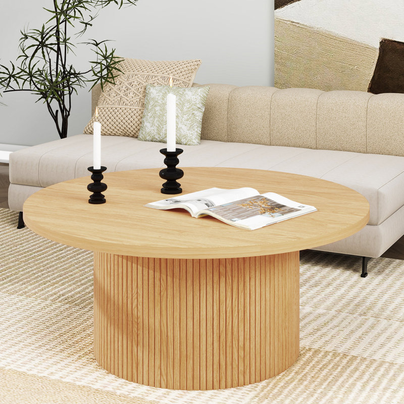 Charleily Solid Wood  Coffee Table Pedestal Round Sofa Side Table, 45cm H x 90cm W x 90cm D, Natural