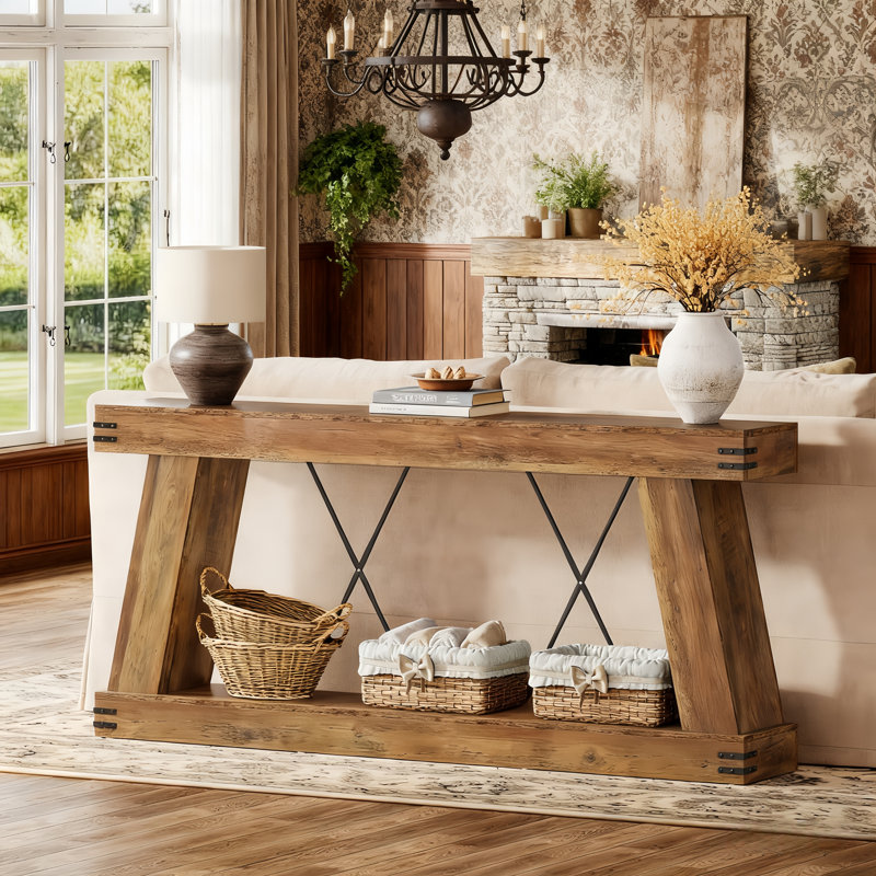 70.9-Inch Farmhouse Console Table With Storage, Narrow Wood Sofa Table For Hallway, Entryway, Living Room, Brown