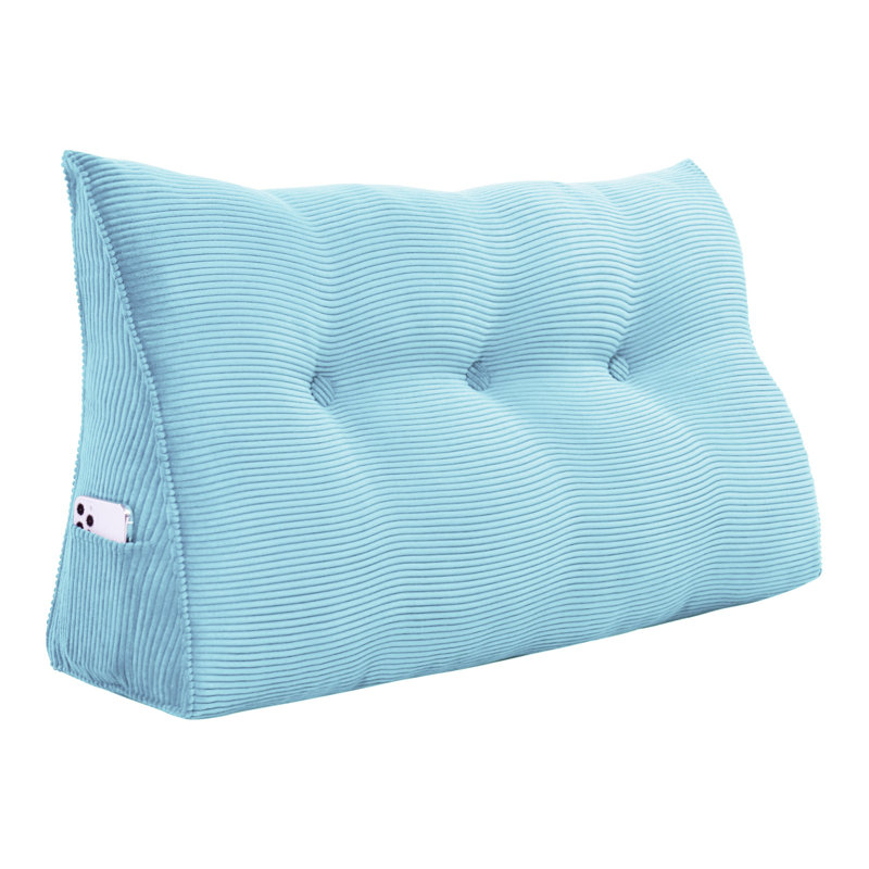 Sit-up Back Comfort Corduroy Bed Headboard Wedge Reading Pillow Triangular Backrest Compression, Twin, Sky Blue