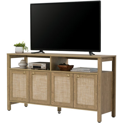 Pomodoro Boho TV Stand With 4 Rattan Storage Cabinets, Farmhouse TV Entertainment Center For Tvs Up To 65''