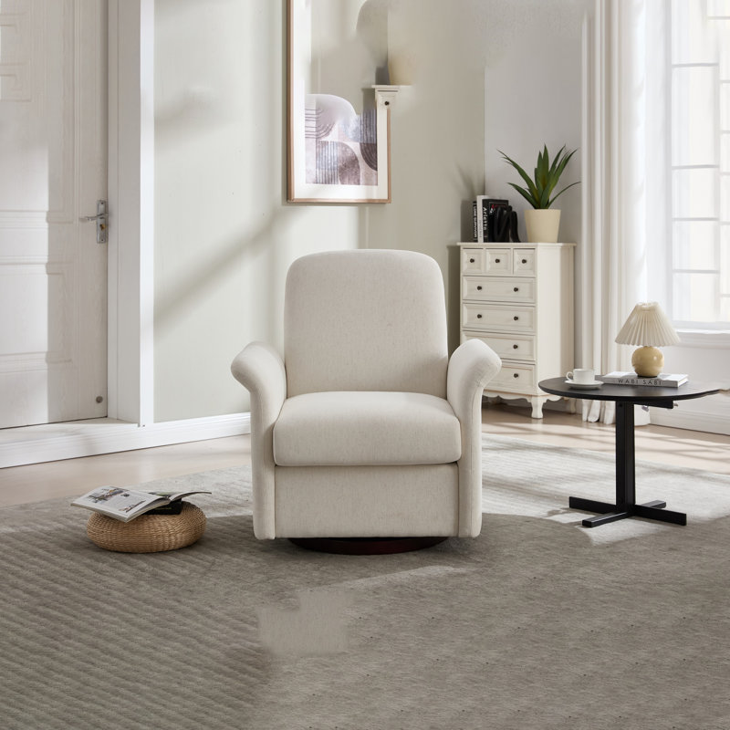 Fauteuil pivotant moderne avec accoudoirs et base en bois, Crème, crème