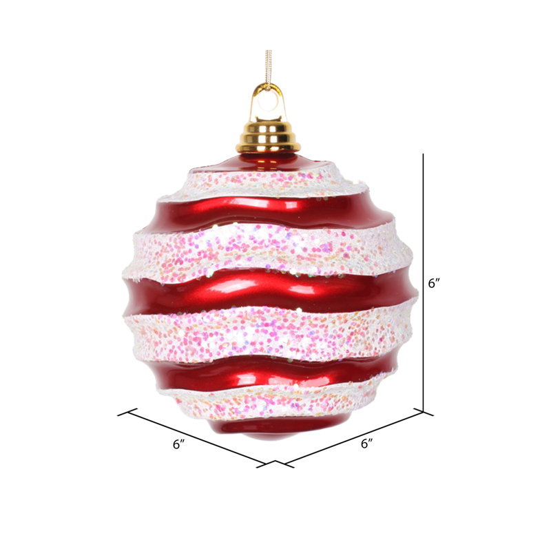 Ornement de Noël boule rayée et scintillante, H 6 po x l 6 po x P 6 po, Rouge / blanc