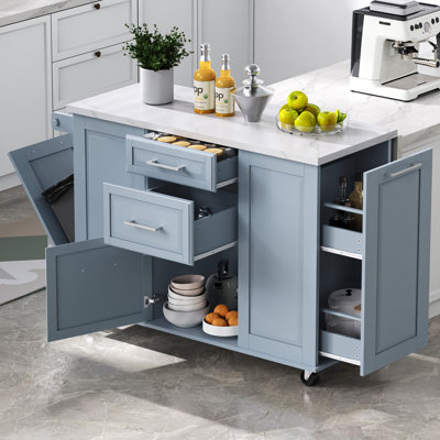50.7" Kitchen Island with Storage Tilt Trash Can Cabinet and Pull Out Cabinet Organizer, Rolling Kitchen Island on 5 Wheels with Drop Leaf, 2 Drawers, 1Door for Kitchen, Dining Room