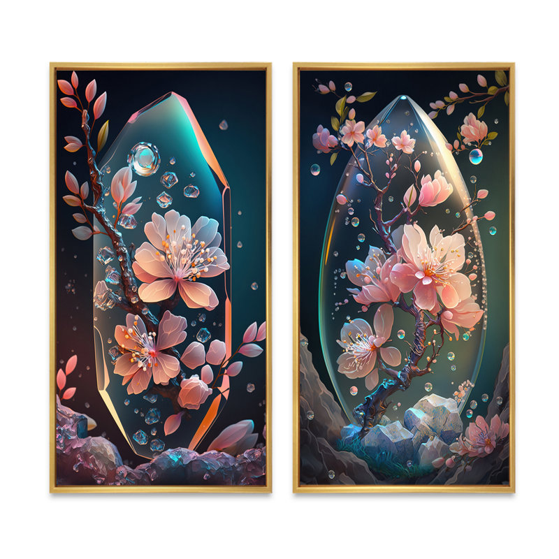 «Cherry Blossums Tree», 2 pièces sur toile, Encadrement doré, H 24 po x l 20 po