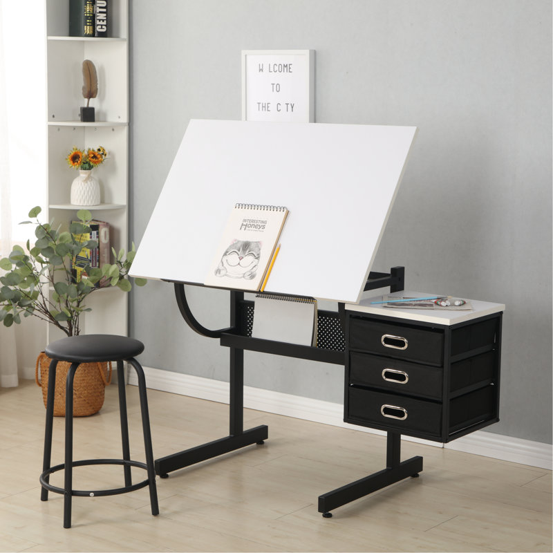 Adjustable Drafting Drawing Desk With Stool And 3 Drawers, White