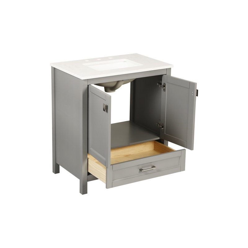 Lavabo-lavabo gris. Armoire 30 po entièrement assemblée avec comptoir en marbre. Fabrication en bois massif. Fermeture douce. Profondeur de 29,48 po, largeur de 19,46 po, hauteur de 34,7 po. Rangement moderne de 92,72 lb. Installation à faire soi-même